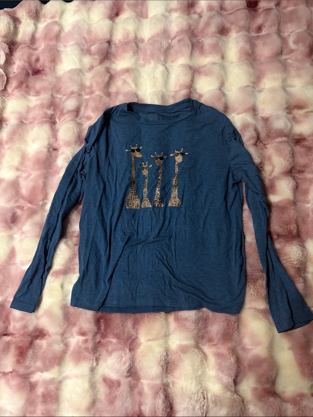 Women's Blue Long-Sleeve Tee with Giraffe Graphic